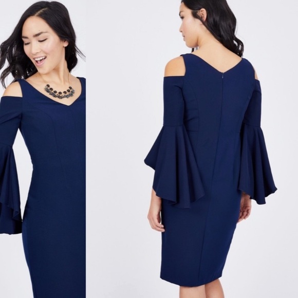 Maggy London Navy Cold Shoulder Dress Bell Sleeve - Picture 1 of 6